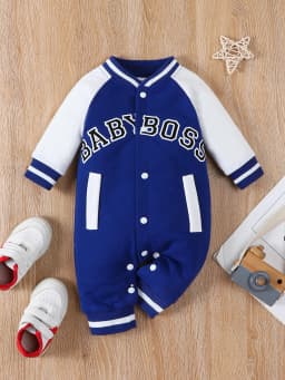 Fashionable Letter Printed Black Long-Sleeved Round Neck Baby Boy Jumpsuit