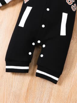 Fashionable Letter Printed Black Long-Sleeved Round Neck Baby Boy Jumpsuit