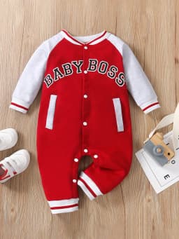 Fashionable Letter Printed Black Long-Sleeved Round Neck Baby Boy Jumpsuit