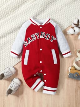 Fashionable Letter Printed Black Long-Sleeved Round Neck Baby Boy Jumpsuit