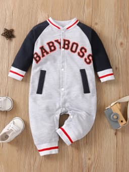 Fashionable Letter Printed Black Long-Sleeved Round Neck Baby Boy Jumpsuit