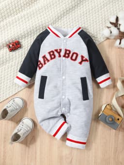 Fashionable Letter Printed Black Long-Sleeved Round Neck Baby Boy Jumpsuit