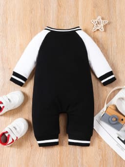 Fashionable Letter Printed Black Long-Sleeved Round Neck Baby Boy Jumpsuit
