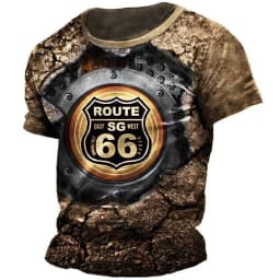 Classic Retro Summer Men's T-shirt American Loose Short Sleeve Top Route 66 O Collar Fashion Casual Sports Quick Drying Clothing