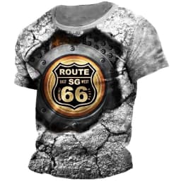 Classic Retro Summer Men's T-shirt American Loose Short Sleeve Top Route 66 O Collar Fashion Casual Sports Quick Drying Clothing