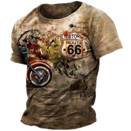 Classic Retro Summer Men's T-shirt American Loose Short Sleeve Top Route 66 O Collar Fashion Casual Sports Quick Drying Clothing