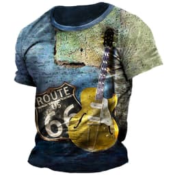 Classic Retro Summer Men's T-shirt American Loose Short Sleeve Top Route 66 O Collar Fashion Casual Sports Quick Drying Clothing
