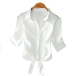 Summer White Shirt 2025 Basic Short Sleeve Women Blouses Solid Buttoned Up Shirt Top Tied Waist Elegant Women Tunics Tops 19870