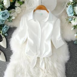 Summer White Shirt 2025 Basic Short Sleeve Women Blouses Solid Buttoned Up Shirt Top Tied Waist Elegant Women Tunics Tops 19870