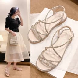 2024 Summer New Sandals, Rhinestone Flat Sandals, Women's Open Toe Elastic Set Foot Cross Sandals, Women Sandals