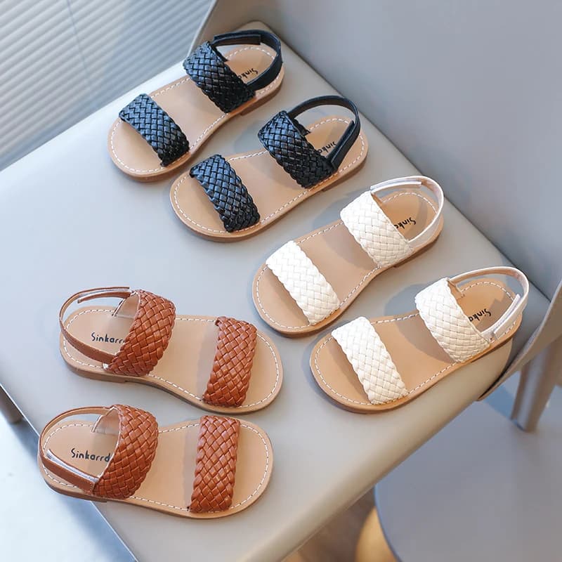 Girl's Summer Sandals Braided Light Solid Color All-match Kids Sliders Pu Leather Casual Daily Non-slip Soft Children shoe 21-35