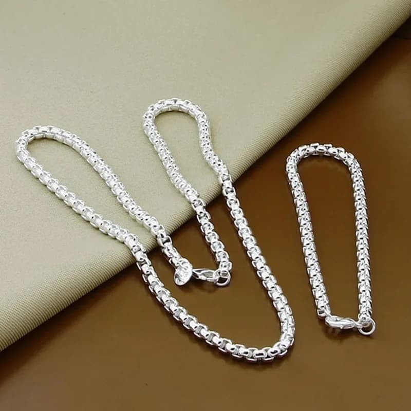 45-60cm 925 Sterling Silver 4mm Round Box Chain Necklace Bracelet set For Women Men Wedding Engagement Charm Jewelry