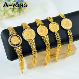 Arabic Design Gold Color Coins Bracelet 21k Gold Plated Turkish Charm Bangles Dubai Women Luxury Wedding Party Kurdish Jewelry