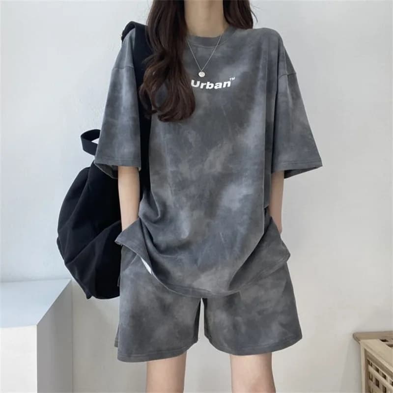 2 Piece Suit Women T-Shirt Shorts Set Tie Dye Loose T-Shirt and Wide Leg Middle Shorts with Pockets Female Casual Soft Summer Se