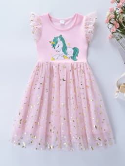 Summer New Girl's Cotton Unicorn Embroidered Mesh Spliced Sleeveless Dress SH1701