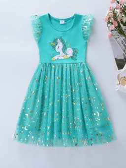 Summer New Girl's Cotton Unicorn Embroidered Mesh Spliced Sleeveless Dress SH1701