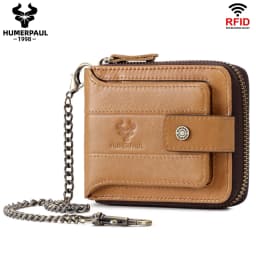 HUMERPAUL Genuine Leather Men's Wallet RFID Male Credit Card Holder with ID Window Multifunction Storage Bag Zipper Coin Purse