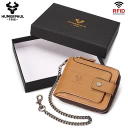 HUMERPAUL Genuine Leather Men's Wallet RFID Male Credit Card Holder with ID Window Multifunction Storage Bag Zipper Coin Purse