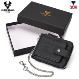 HUMERPAUL Genuine Leather Men's Wallet RFID Male Credit Card Holder with ID Window Multifunction Storage Bag Zipper Coin Purse