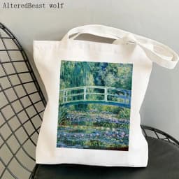 Women Shoulder bag Monet Water Lilies Kawaii Bag Harajuku Shopping Canvas Shopper Bag girl handbag Tote Shopper Lady Bag