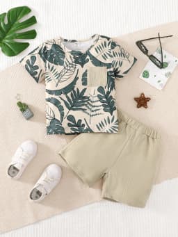 2PCS Kid Boy Clothes Set Short Sleeves Leaf Print Pocket Style T-shirt+Shorts Summer Casual Outfit For Child Boy 4-7 Years