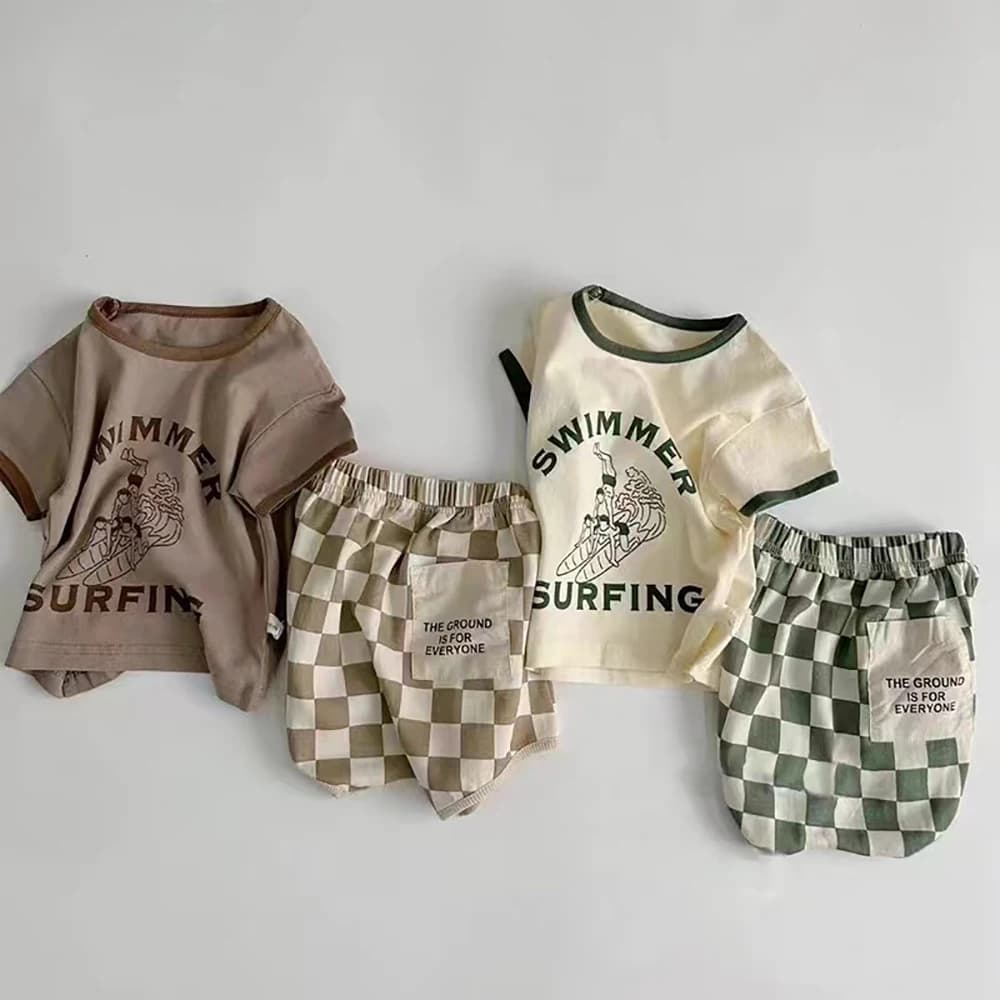 Summer Suit New American Baby Suit TZ230137 Short Sleeve Plaid Shorts Thin Two-Piece Suit