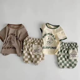 Summer Suit New American Baby Suit TZ230137 Short Sleeve Plaid Shorts Thin Two-Piece Suit