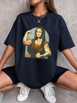 Playing Pranks On Mona Lisa Fitness Print Womens T Shirt Oversized Casual T-Shirt Casual Short Sleeve Cotton Loose Tshirt