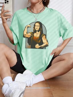 Playing Pranks On Mona Lisa Fitness Print Womens T Shirt Oversized Casual T-Shirt Casual Short Sleeve Cotton Loose Tshirt