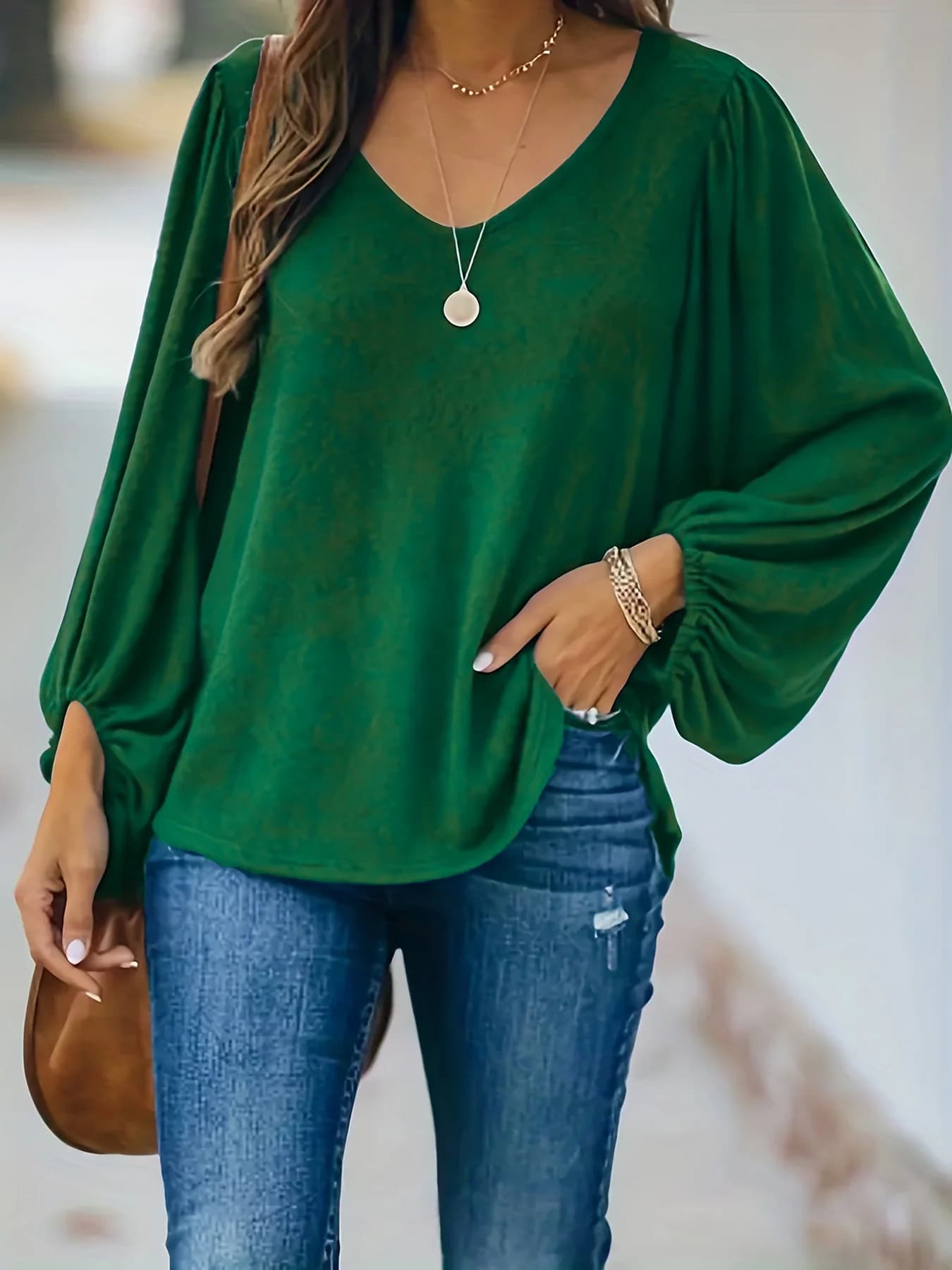 Plus size women's spring&autumn simple fashion basic versatile polyester fiber with elastic lantern long-sleeved comfortable top