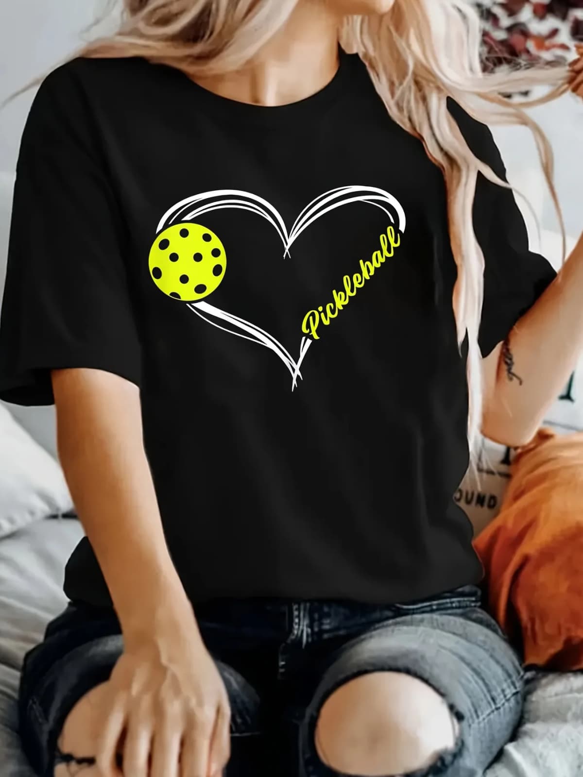 Love Pickleball Cute Pickleball Match T-shirt I Love Pickleball Printed Short Sleeved T-shirt Summer Round Neck Women's Top