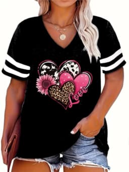 2024 Plus Size Spring/Summer New Love Print Casual Fashion Women's V-Neck Short-Sleeved Loose T-Shirt 5XL 6XL