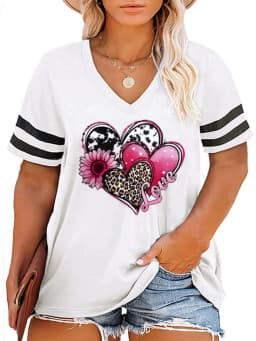 2024 Plus Size Spring/Summer New Love Print Casual Fashion Women's V-Neck Short-Sleeved Loose T-Shirt 5XL 6XL