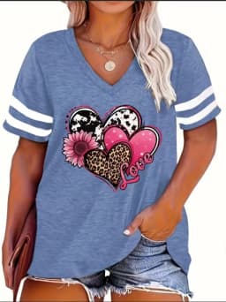 2024 Plus Size Spring/Summer New Love Print Casual Fashion Women's V-Neck Short-Sleeved Loose T-Shirt 5XL 6XL