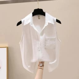 Sleeveless Solid Casual Polo-Neck Single Breasted Vest Loose Women's Blouse Shirt Korean Fashion Female Clothing Tops 2024