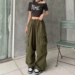 Women Casual Baggy Cargo Pants Solid Low Waist Joggers Tech Pants Drawstring Wide Leg Baggy Trousers Y2K Streetwear Sweatpants