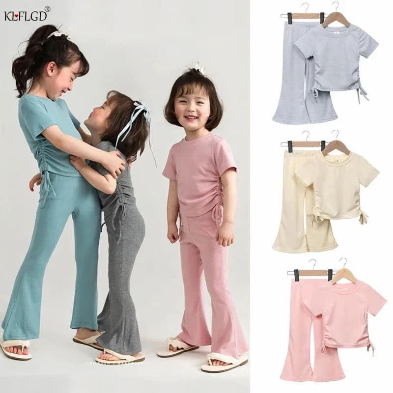 New Korean Short Sleeved Set Summer Solid Color Pullover Top + Flare Pants Thin Casual Two Piece Set Suitable for Girls Aged 2-8