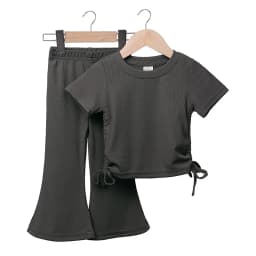 New Korean Short Sleeved Set Summer Solid Color Pullover Top + Flare Pants Thin Casual Two Piece Set Suitable for Girls Aged 2-8
