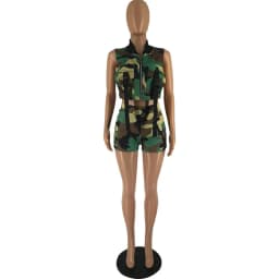 Camouflage Print Shorts Two Piece Set for Women Sleeveless Button Pockets Zipper Vest Crop Top and Shorts Matching Sets Outfits