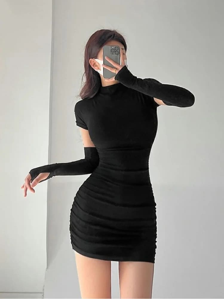 Women's Tight Hip Wrap Mini Dress with Sleeves Spicy Girls Slim Dresses Bodycon Party Clothing Sexy Summer
