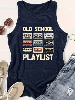 Tape & Letter Print Tank Top, Casual Sleeveless Tank Top For Summer, Women's Clothing
