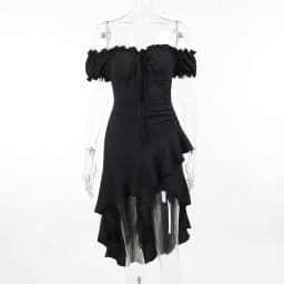 Summer Black A-LINE Dress Women Streetwear Sexy Off Shoulder Short Sleeves Ruffled Mid Length Dresses Club Elegant Partywear
