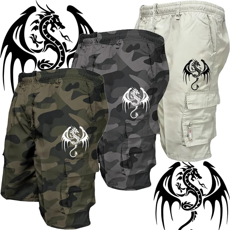 Summer Men's Casual Shorts Men's Loose Multi-Pocket Beach Casual Shorts Funny Western Dragon Printed Work Shorts