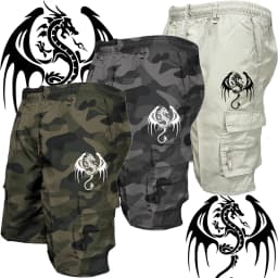 Summer Men's Casual Shorts Men's Loose Multi-Pocket Beach Casual Shorts Funny Western Dragon Printed Work Shorts