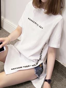 WONDERFUL DAY Print Long T shirts Summer Women Loose Slit Femme Tops Tshirt Short sleeve Ladies t-shirt