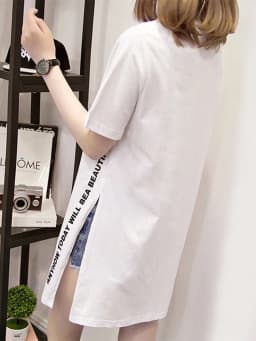 WONDERFUL DAY Print Long T shirts Summer Women Loose Slit Femme Tops Tshirt Short sleeve Ladies t-shirt