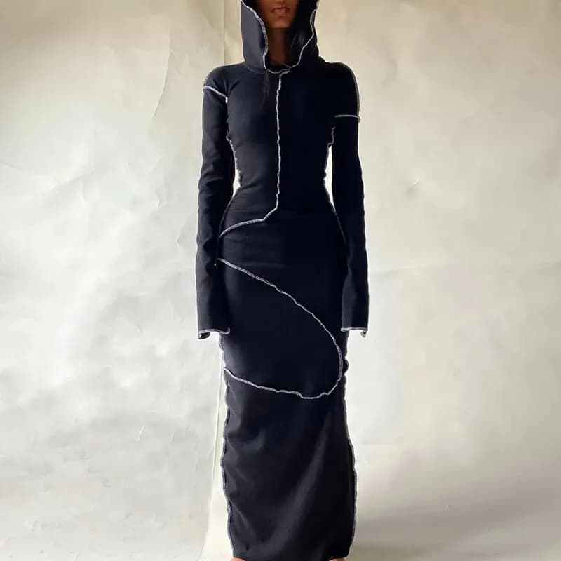 Dulzura Women 2024 Autumn Winter Fashion Long Sleeve Streetwear Bodycon Black Long Dress Wholesale Items For Business