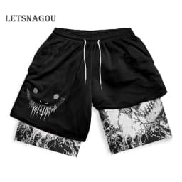 Men's Compression Shorts Anime Print Double Layer 2-in-1 Performance Shorts Breathable Quick-Drying Elastic Workout Shorts