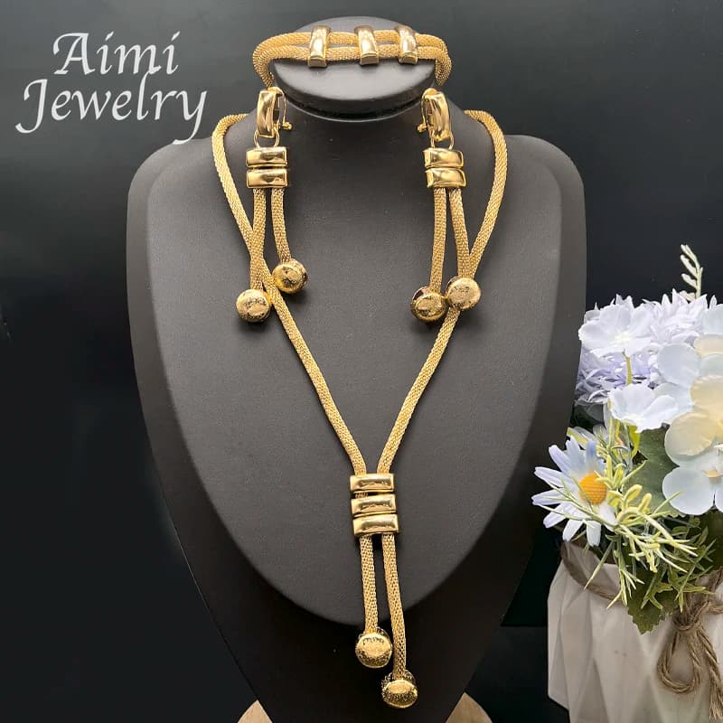 Dubai 24K Gold Plated Jewelry Set for Women Chain Beads Decor Necklace Earrings Bracelet Italian Fashion Wedding Party Gifts