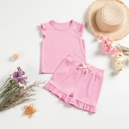 2 Piece Summer Suit for Preschool Girls Solid Color Casual Short Sleeve Shorts for Girls Comfortable and Soft Clothes